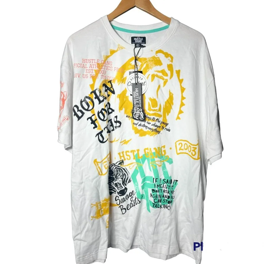 NWT Hustle Gang Men's White Relaxed Fit Graphic Print Born For This T-Shirt 3XL - Picture 1 of 12